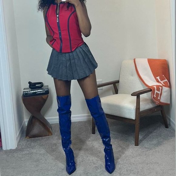 Sexy (Brand New) Guess blue latex like material pointy toe over the knee boots - Picture 2 of 5